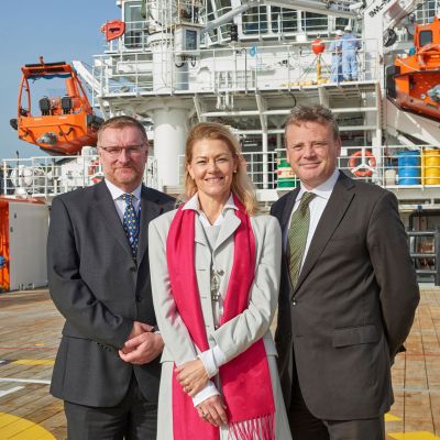 Celebrating the naming of Forties Sentinel are (left to right) Rory Deans, chief executive of Sentinel Marine, Ylva Tuft – the ship’s godmother – and Mervyn Williams, supply chain manager for INEOS Breagh.