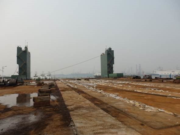 Deck of launch barge, in preparation to receive PORTLAND SENTINEL.